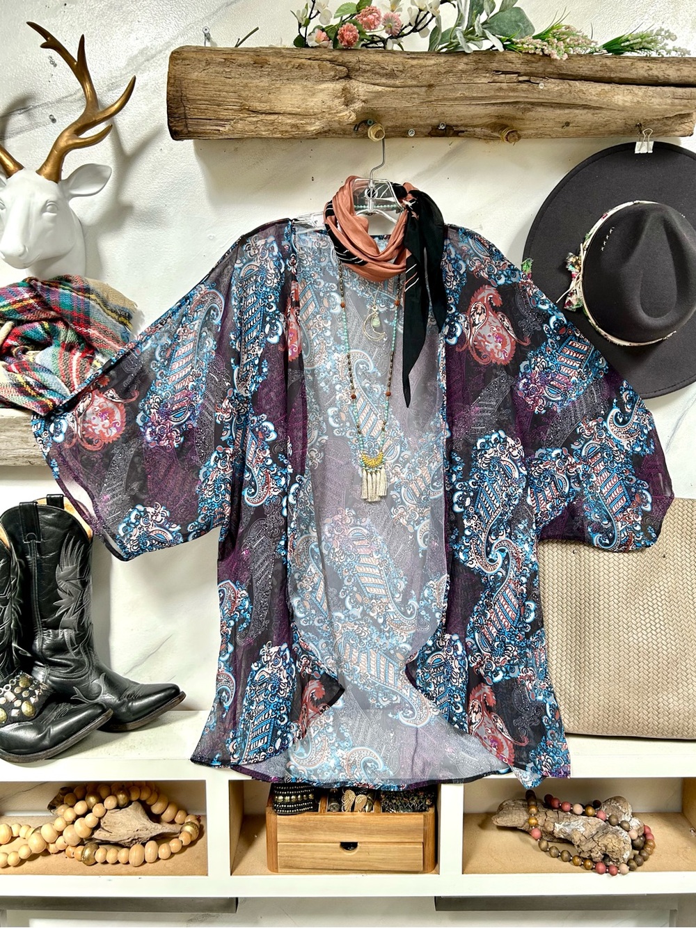 Sheer Gypsy Paisley boho Kimono cover up w resort vacay beach vibe